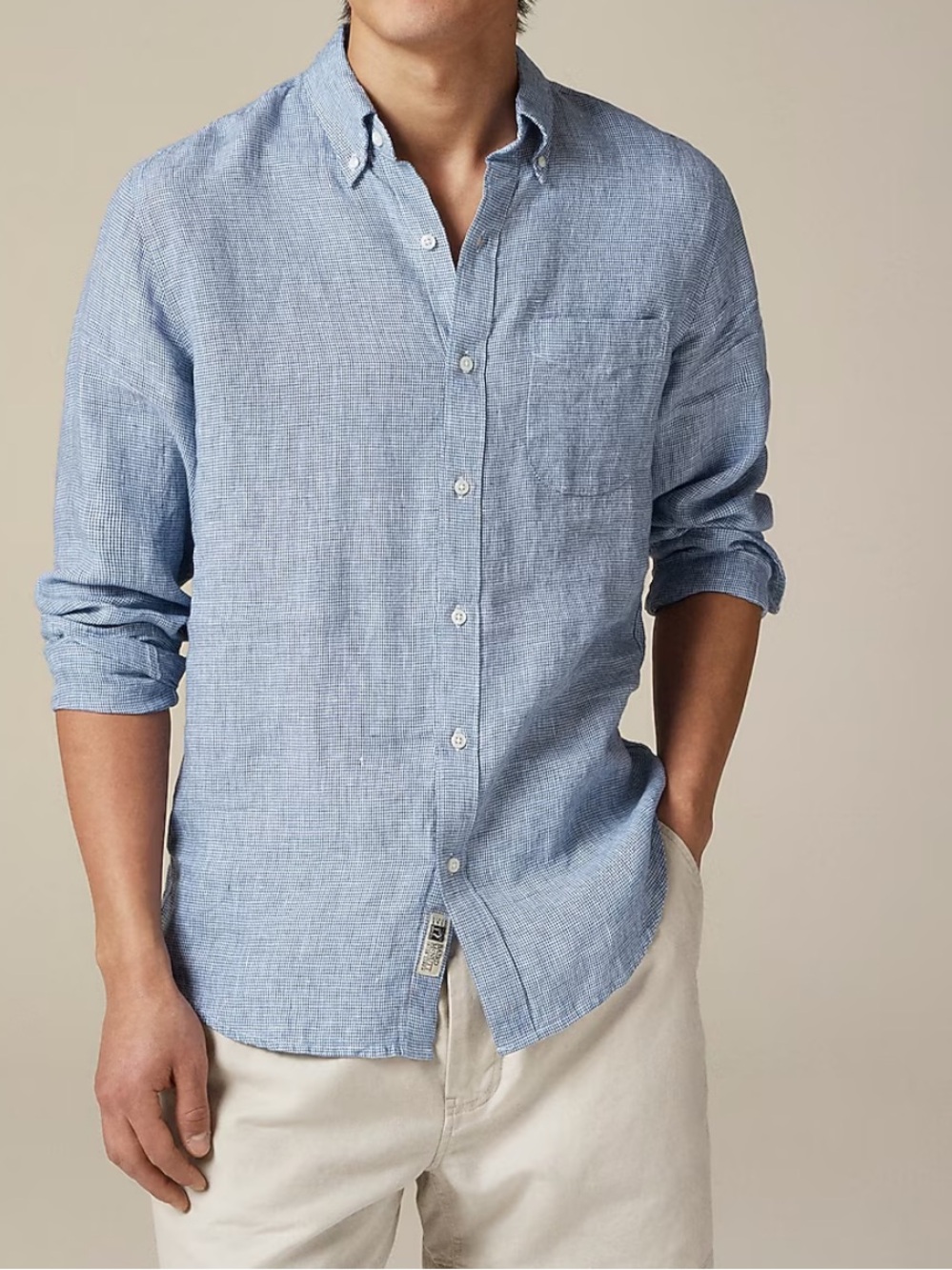 J. Crew Linen Blend Button Down Shirt Men's Size Medium Blue Houndstooth